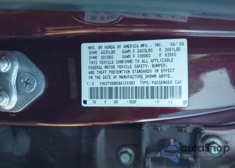 2009 Honda Accord 2.4 Ex-L z USA, uszkodzony, nr VIN 1HGCP26809A131083